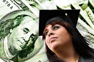 female graduate against dollar bills